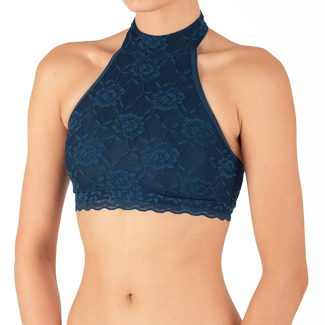 Halter neck sports bra with lace - Lisette | Sportovní podprsenka za krk s krajkou - Lisette | Color: petrol lace | Women's sports bra | Dragonfly Pole Dance Clothes and Bikram Hot Yoga Outfit