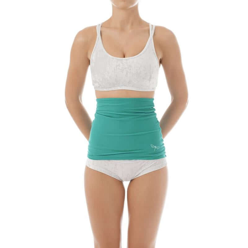 Chauffe-dos pour l’échauffement et le stretching, modèle en turquoise et blanc, parfait pour les danseurs.