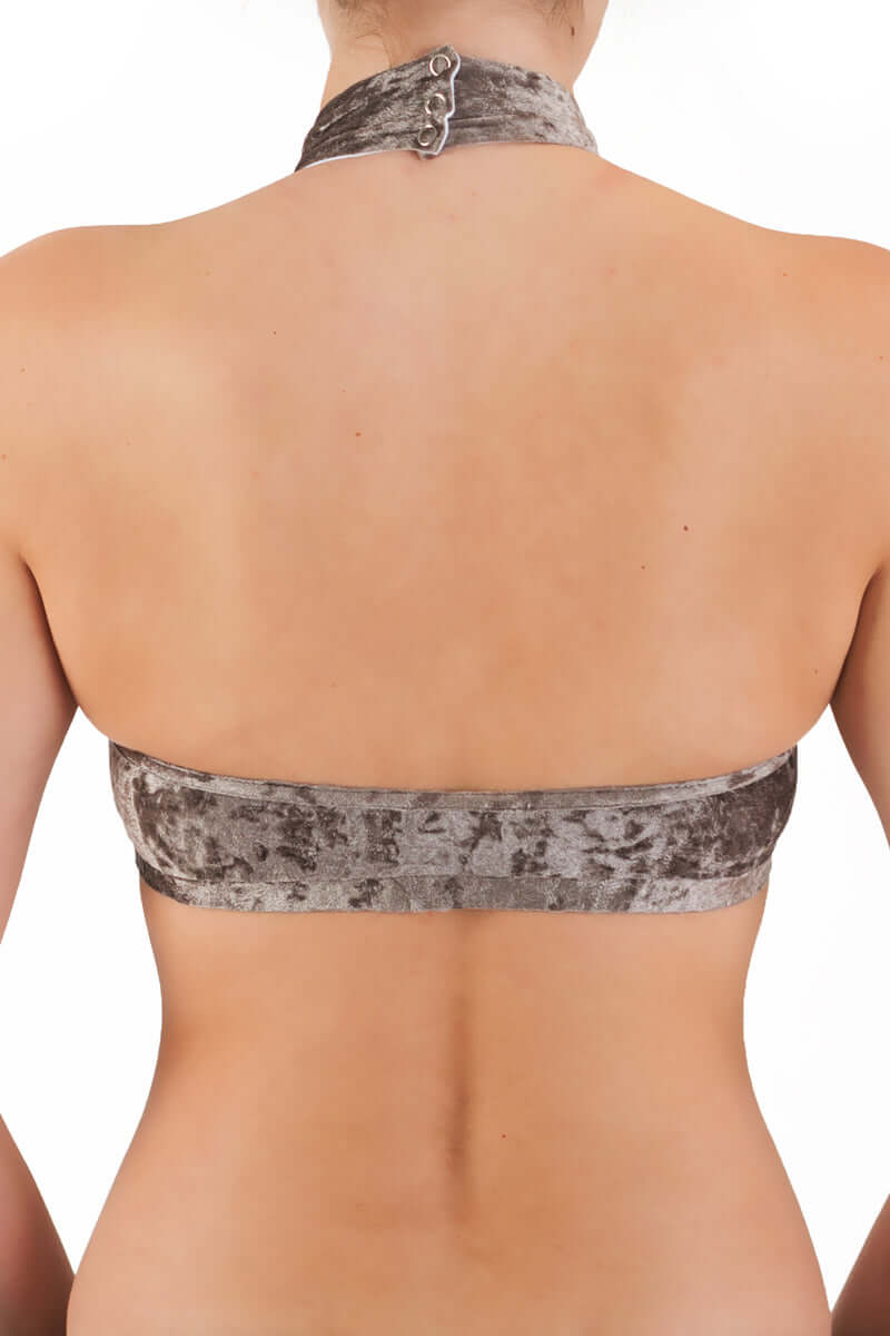 Velvet halter top Lisette | Brassière sport halter dos nu en velours | Color: purple velvet | Women's sports bra | Dragonfly Pole Dance Clothes and Bikram Hot Yoga Outfit