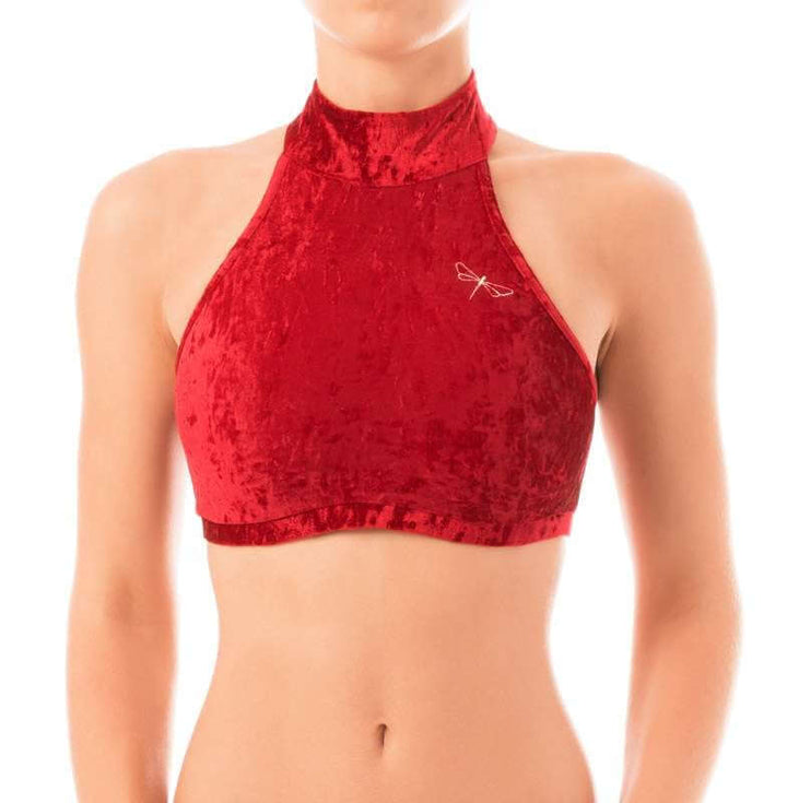Velvet halter top Lisette | Brassière sport halter dos nu en velours | Color: red velvet | Women's sports bra | Dragonfly Pole Dance Clothes and Bikram Hot Yoga Outfit
